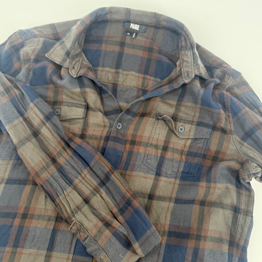 Paige Mens Plaid Flannel Button Down Shirt Brown‎ Navy Blue Long Sleeve Size M